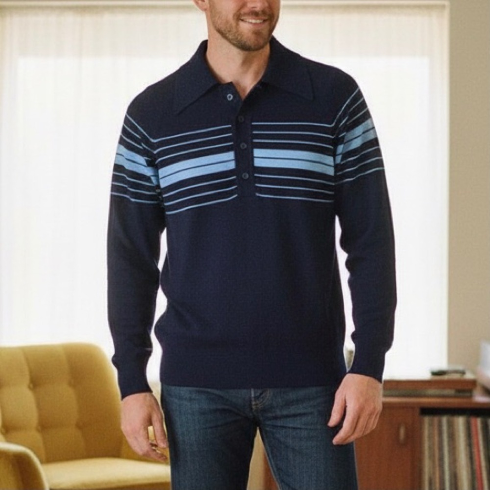 Vintage 70s Archie Navy Blue Striped Knit Polo Sweater Mens M Rockabilly Retro